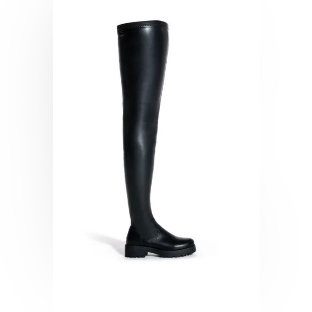 AZALEA WANG SURGICAL FLATFORM BOOT WITH 4 WAY STRETCH IN STRETCH PU In Black